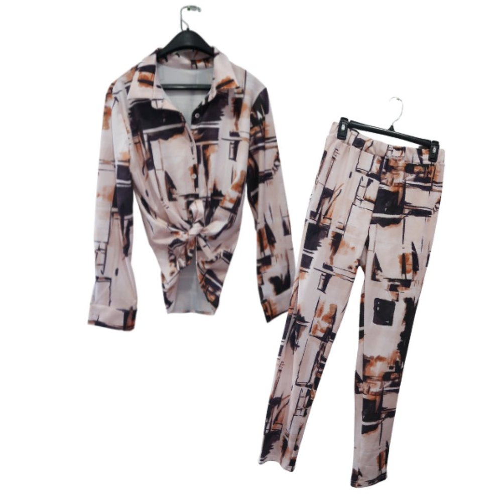 Long Sleeve Abstract Print Crop Top & Skinny Pants Set